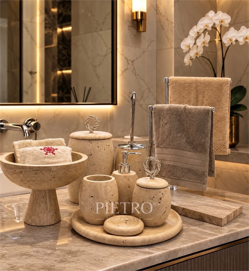 SARI TRAVERTEN OVAL MODEL BANYO SETLERİ mermer ve doğal taş banyo aksesuarları