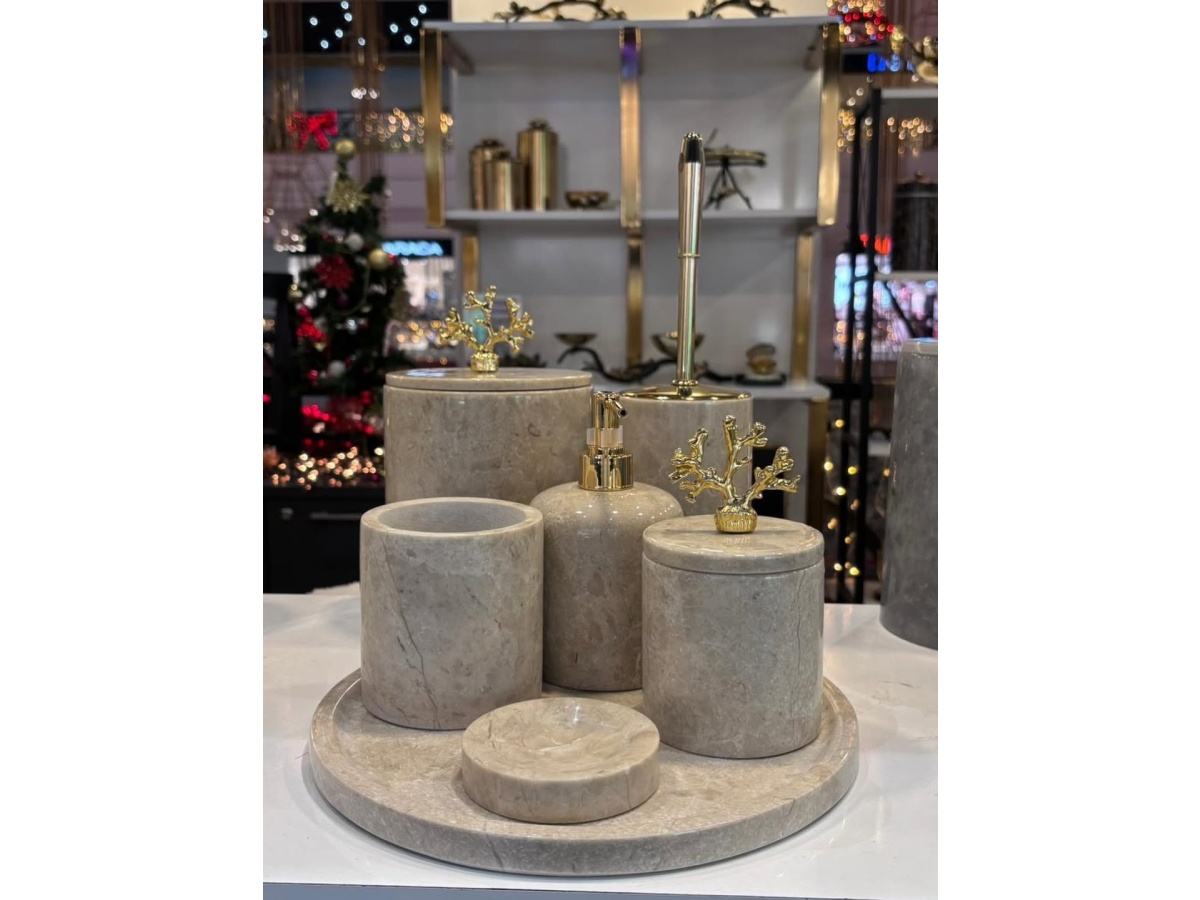 7 Parça Bej Mermer Gold Mercan Aksesuarlı Banyo Seti