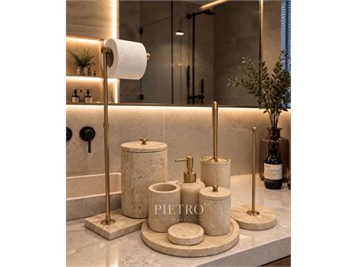 SARI TRAVERTEN 9 PARÇA KLASİK MODEL BANYO SETİ doğal taş banyo aksesuarı