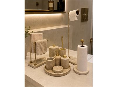 SARI TRAVERTEN 10 PARÇA KLASİK MODEL BANYO SETİ (7 PARÇA SET + TEKLİ HAVLULUK + İKİLİ HAVLULUK + WC PEÇETELİK) doğal taş banyo aksesuarı