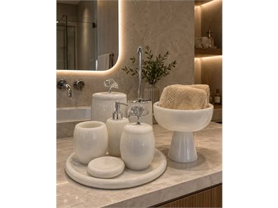 BEYAZ MERMER OVAL MODEL 8 PARÇA BANYO SETİ (7 PARÇA SET + AYAKLI KASE) doğal taş banyo aksesuarı