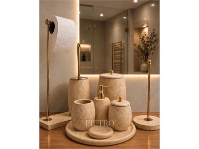 SARI TRAVERTEN 9 PARÇA OVAL MODEL BANYO SETİ doğal taş banyo aksesuarı