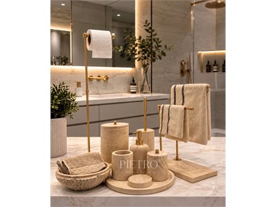 SARI TRAVERTEN 10 PARÇA KLASİK MODEL BANYO SETİ (7 PARÇA SET + KASE + İKİLİ HAVLULUK + WC PEÇETELİK) doğal taş banyo aksesuarı