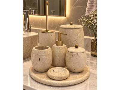 SARI TRAVERTEN 7 PARÇA OVAL MODEL BANYO SETİ doğal taş banyo aksesuarı