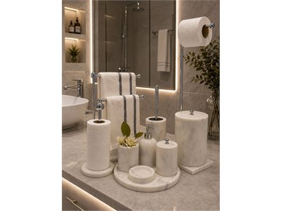 BEYAZ MERMER KLASİK MODEL 10 PARÇA BANYO SETİ (7 PARÇA + TEKLİ HAVLULUK + İKİLİ HAVLULUK + WC PEÇETELİK) doğal taş banyo aksesuarı
