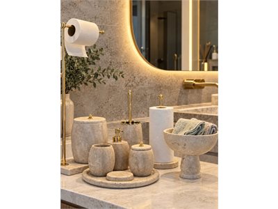 SARI TRAVERTEN 10 PARÇA OVAL MODEL BANYO SETİ (7 PARÇA + AYAKLI KASE + TEKLİ HAVLULUK + WC PEÇETELİK) doğal taş banyo aksesuarı