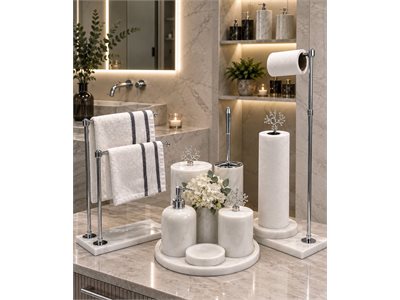 BEYAZ MERMER KLASİK MODEL 10 PARÇA BANYO SETİ ( 7 PARÇA SET + İKİLİ HAVLULUK + TEKLİ HAVLULUK + WC PEÇETELİK) doğal taş banyo aksesuarı