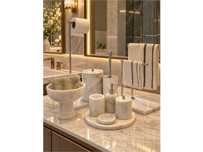 BEYAZ MERMER KLASİK MODEL 10 PARÇA BANYO SETİ (7 PARÇA SET + İKİLİ HAVLULUK + WC PEÇETELİK + AYAKLI KASE) doğal taş banyo aksesuarı