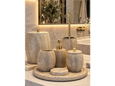 SARI TRAVERTEN 10 PARÇA OVAL MODEL BANYO SETİ (7 PARÇA + AYAKLI KASE + TEKLİ HAVLULUK + WC PEÇETELİK) doğal taş ürün görseli