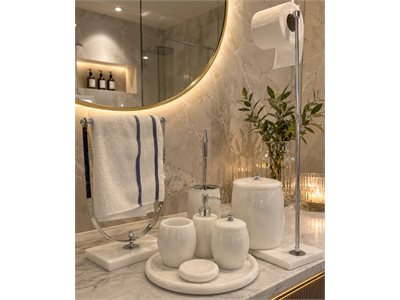 BEYAZ MERMER OVAL MODEL 9 PARÇA BANYO SETİ (7 PARÇA SET + U HAVLULUK + WC PEÇETELİK) doğal taş ürün görseli