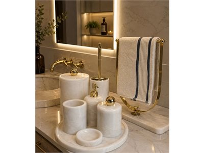 BEYAZ MERMER KLASİK MODEL 8 PARÇA BANYO SETİ (7 PARÇA SET + U HAVLULUK) doğal taş banyo aksesuarı