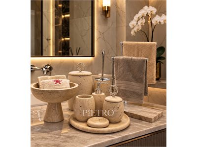 SARI TRAVERTEN 9 PARÇA OVAL MODEL BANYO SETİ (7 PARÇA SET + AYAKLI KASE + İKİLİ HAVLULUK) doğal taş banyo aksesuarı