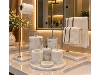 BEYAZ MERMER KLASİK MODEL 9 PARÇA BANYO SETİ (İKİLİ HAVLULUK + WC PEÇETELİK) doğal taş ürün görseli