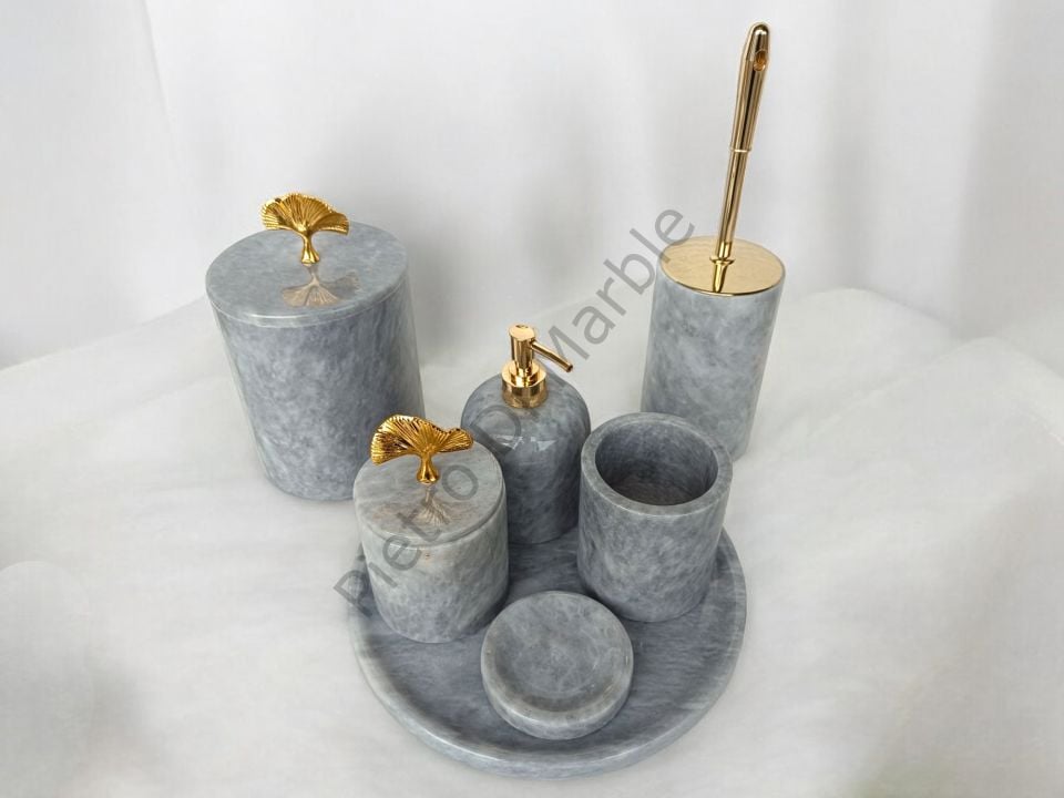 Gri Mermer 7 parça Klasik Model Banyo Setimiz (GOLD RENK AKSESUAR)