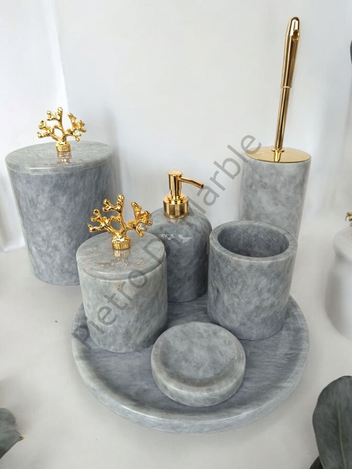 Gri Mermer 7 parça Klasik Model Banyo Setimiz (GOLD RENK AKSESUAR)