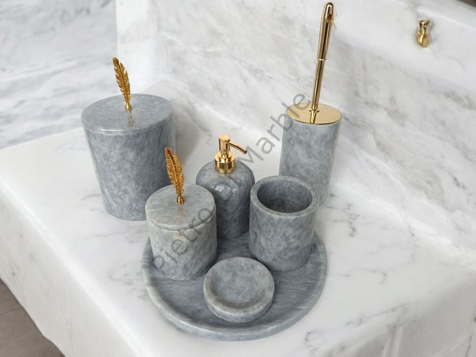 Gri Mermer 7 parça Klasik Model Banyo Setimiz (GOLD RENK AKSESUAR)