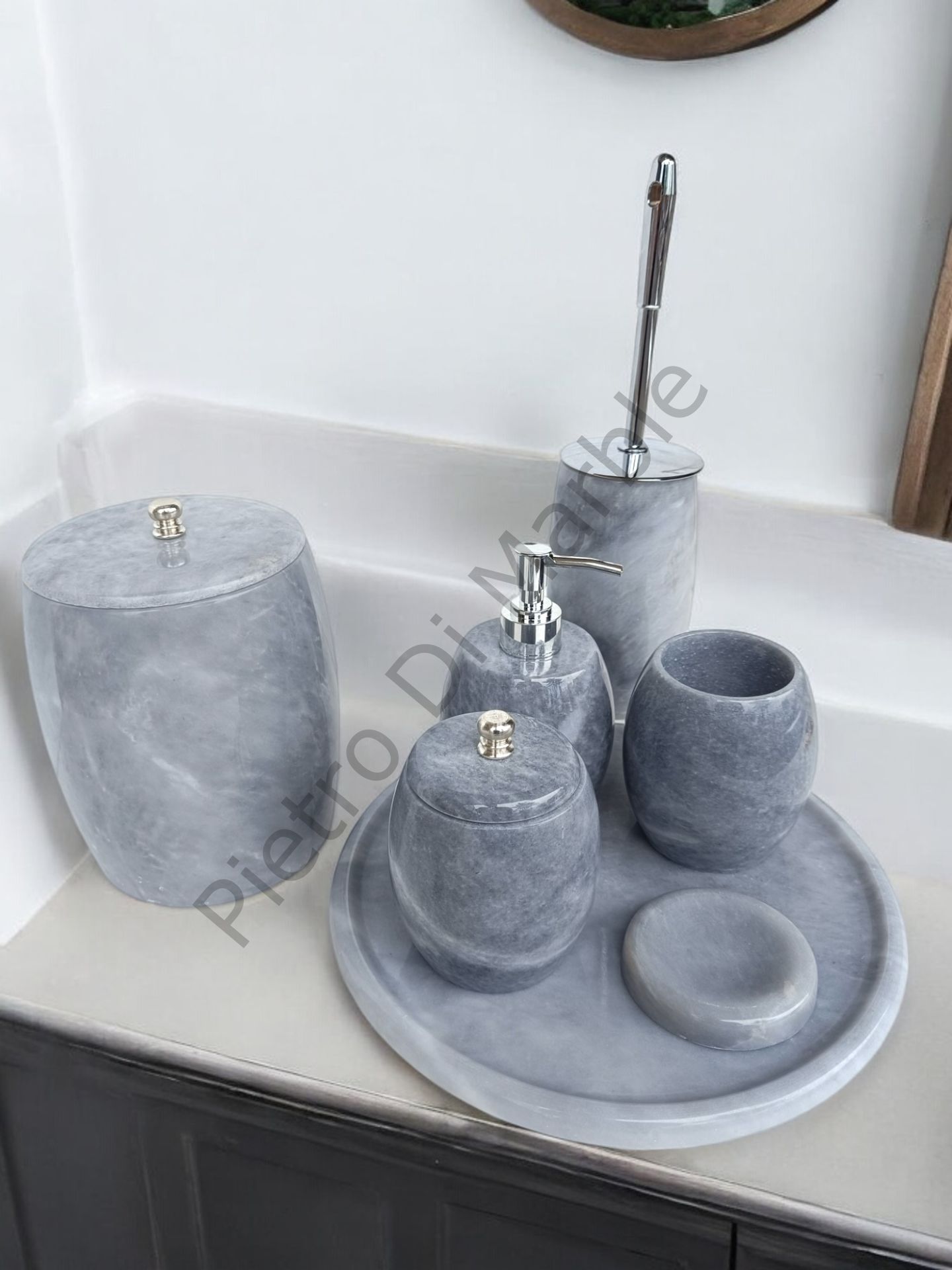 Gri Mermer 7 parça Oval Model Banyo Setimiz (GÜMÜŞ RENK AKSESUAR)