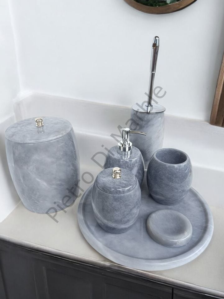 Gri Mermer 7 parça Oval Model Banyo Setimiz (GÜMÜŞ RENK AKSESUAR)