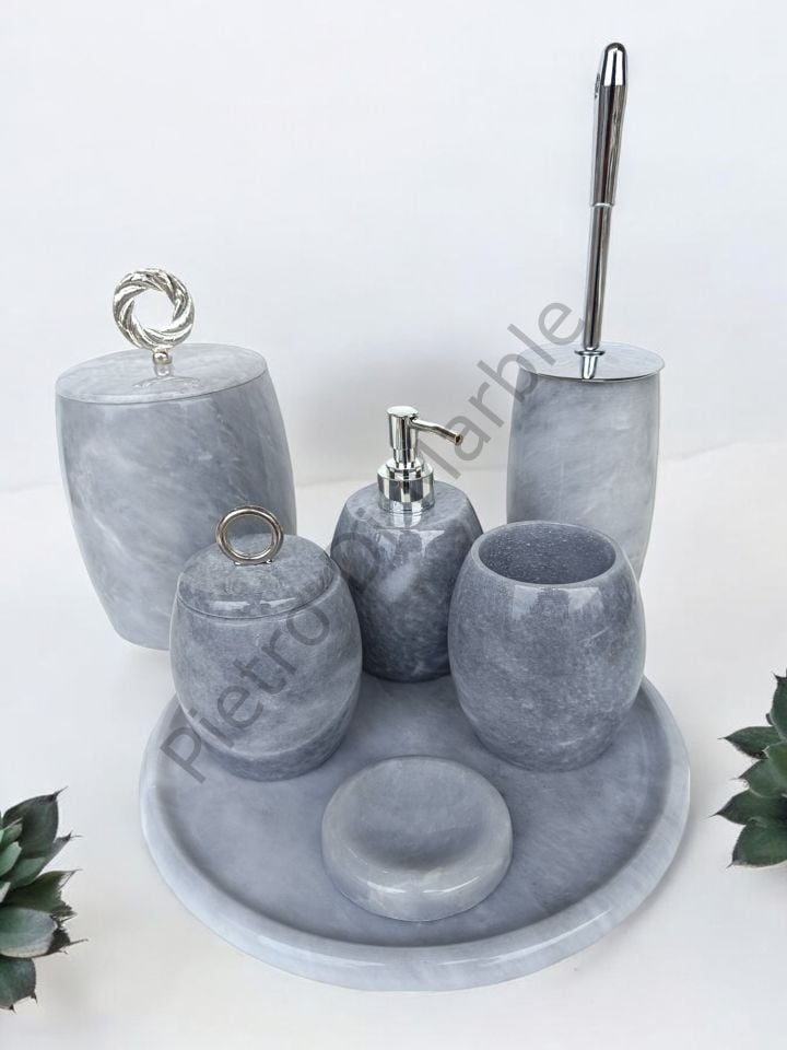 Gri Mermer 7 parça Oval Model Banyo Setimiz (GÜMÜŞ RENK AKSESUAR)