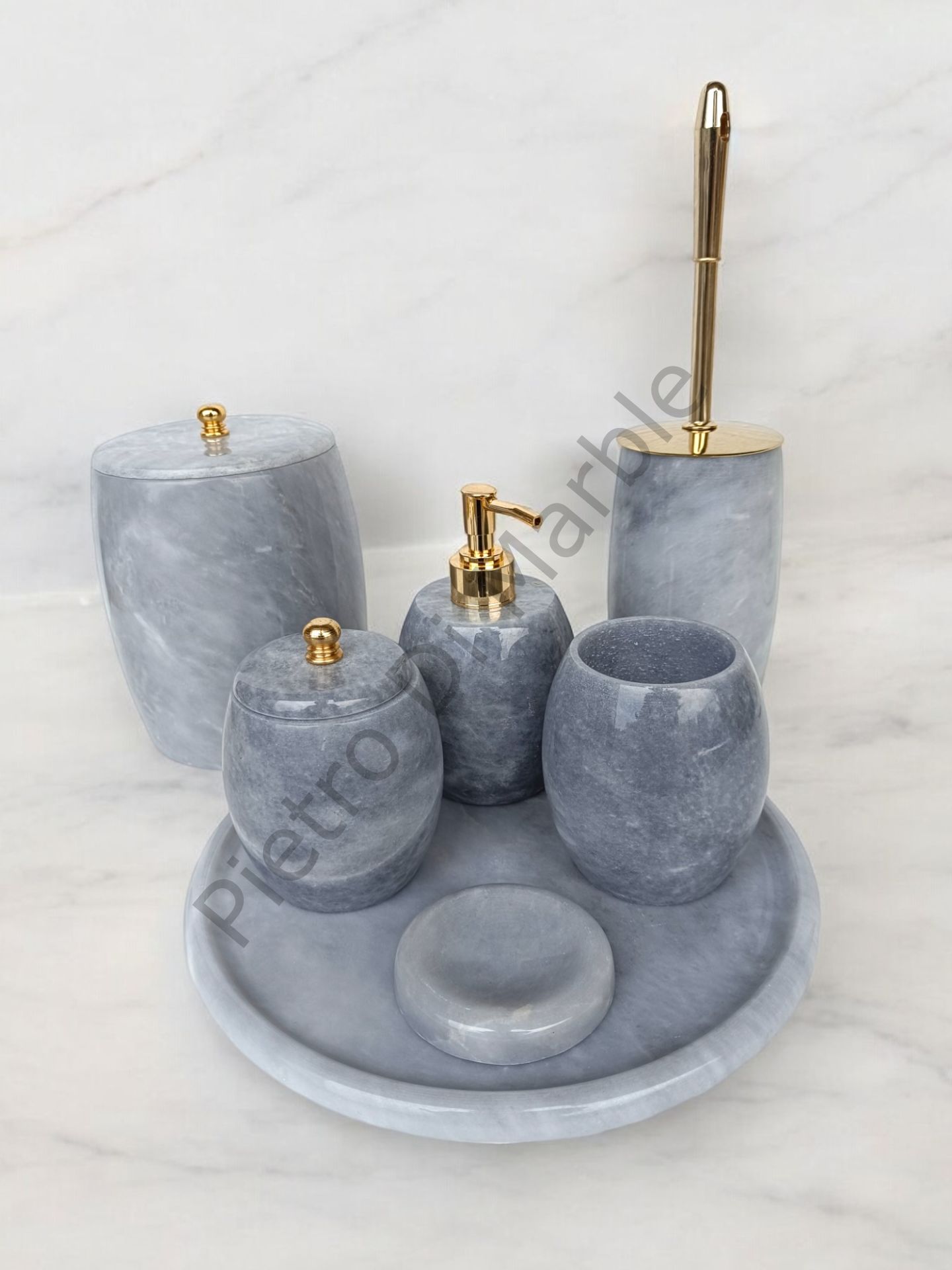 Gri Mermer 7 parça Oval Model Banyo Setimiz (GOLD RENK AKSESUAR)