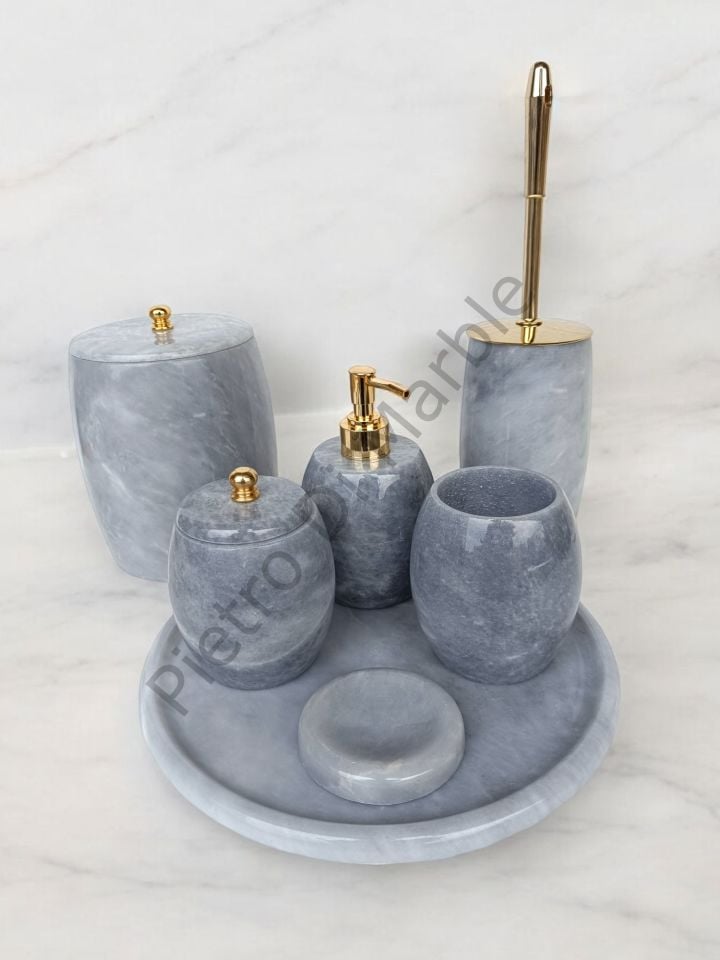 Gri Mermer 7 parça Oval Model Banyo Setimiz (GOLD RENK AKSESUAR)