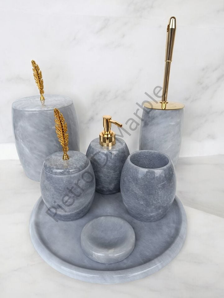 Gri Mermer 7 parça Oval Model Banyo Setimiz (GOLD RENK AKSESUAR)