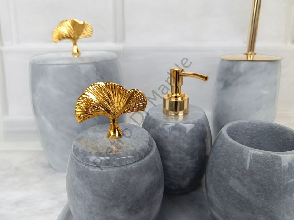 Gri Mermer 7 parça Oval Model Banyo Setimiz (GOLD RENK AKSESUAR)