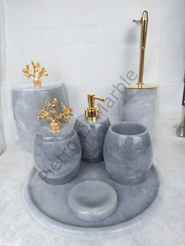Gri Mermer 7 parça Oval Model Banyo Setimiz (GOLD RENK AKSESUAR)