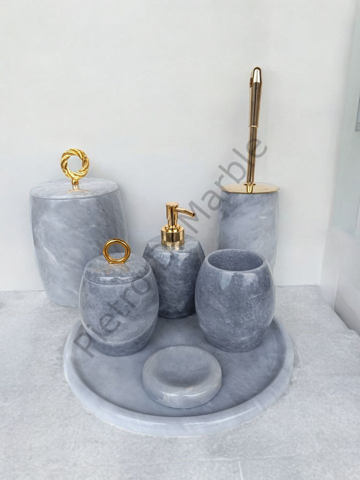 Gri Mermer 7 parça Oval Model Banyo Setimiz (GOLD RENK AKSESUAR)