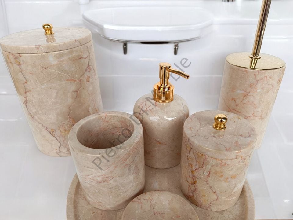 Bej Mermer 7 parça Klasik Model Banyo Setimiz (GOLD RENK AKSESUAR)