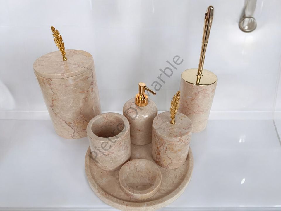 Bej Mermer 7 parça Klasik Model Banyo Setimiz (GOLD RENK AKSESUAR)