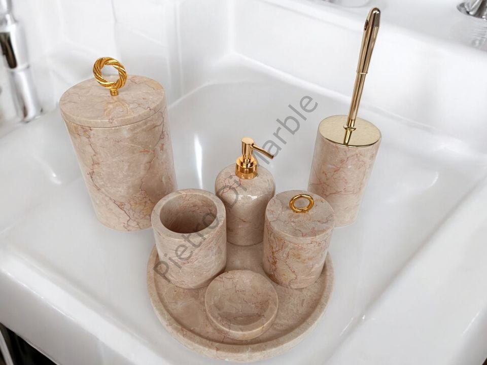 Bej Mermer 7 parça Klasik Model Banyo Setimiz (GOLD RENK AKSESUAR)