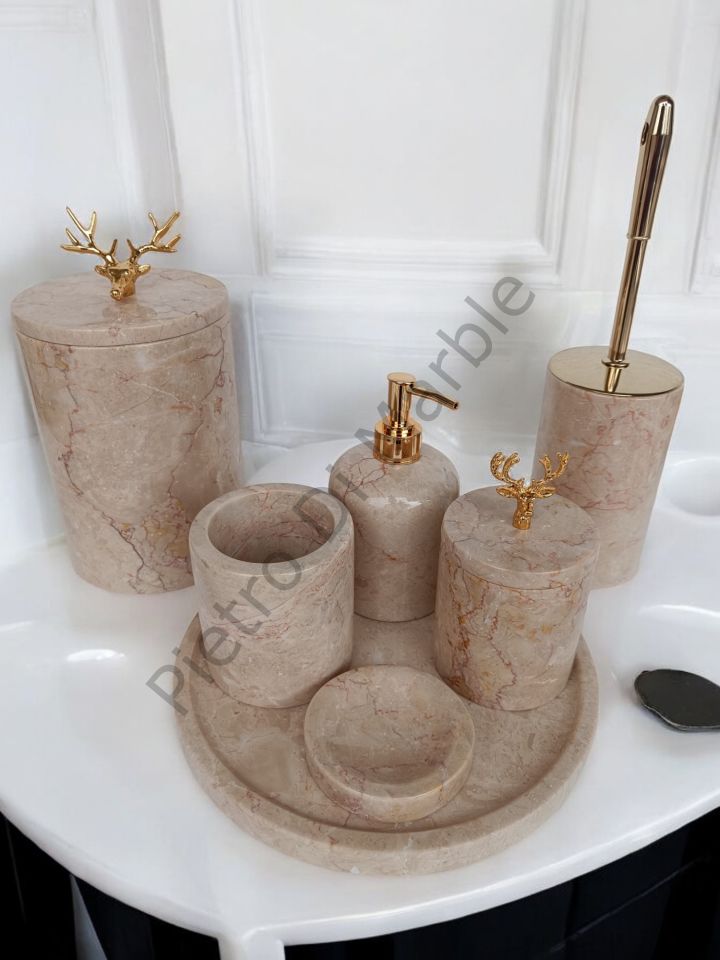 Bej Mermer 7 parça Klasik Model Banyo Setimiz (GOLD RENK AKSESUAR)