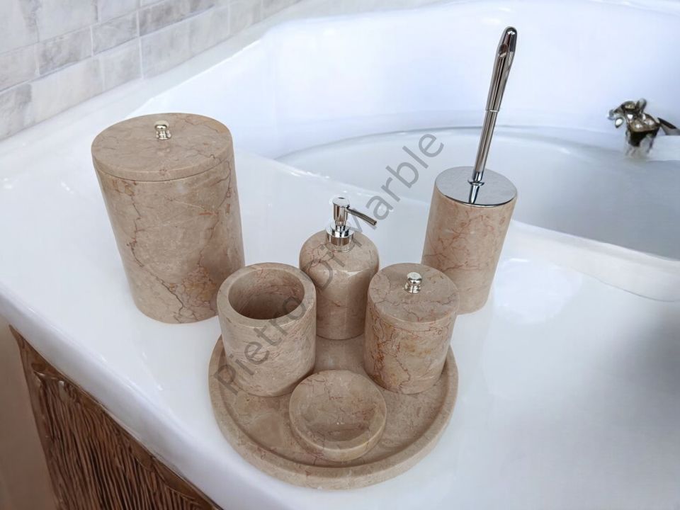 Bej Mermer 7 parça Klasik Model Banyo Setimiz (GÜMÜŞ RENK AKSESUAR)