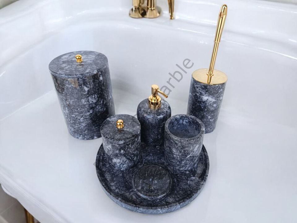 Antrasit Mermer 7 parça Klasik Model Banyo Setimiz (GOLD RENK AKSESUAR)