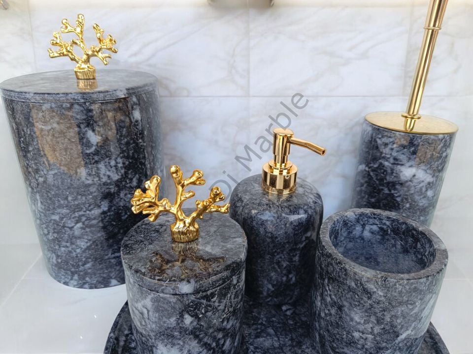 Antrasit Mermer 7 parça Klasik Model Banyo Setimiz (GOLD RENK AKSESUAR)