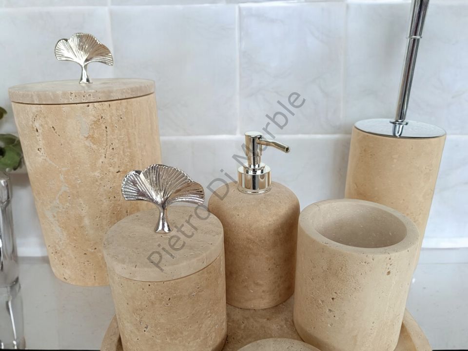 Sarı Traverten 7 parça Klasik Model Banyo Setimiz (GÜMÜŞ RENK AKSESUAR)