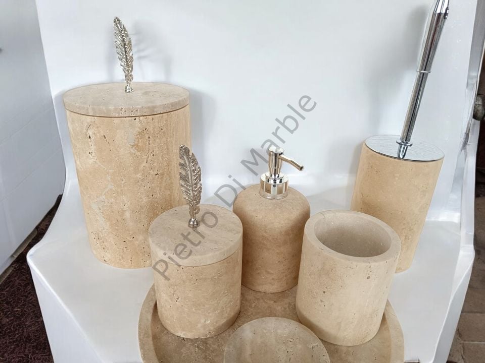 Sarı Traverten 7 parça Klasik Model Banyo Setimiz (GÜMÜŞ RENK AKSESUAR)