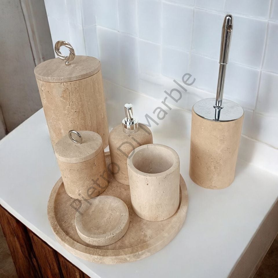 Sarı Traverten 7 parça Klasik Model Banyo Setimiz (GÜMÜŞ RENK AKSESUAR)