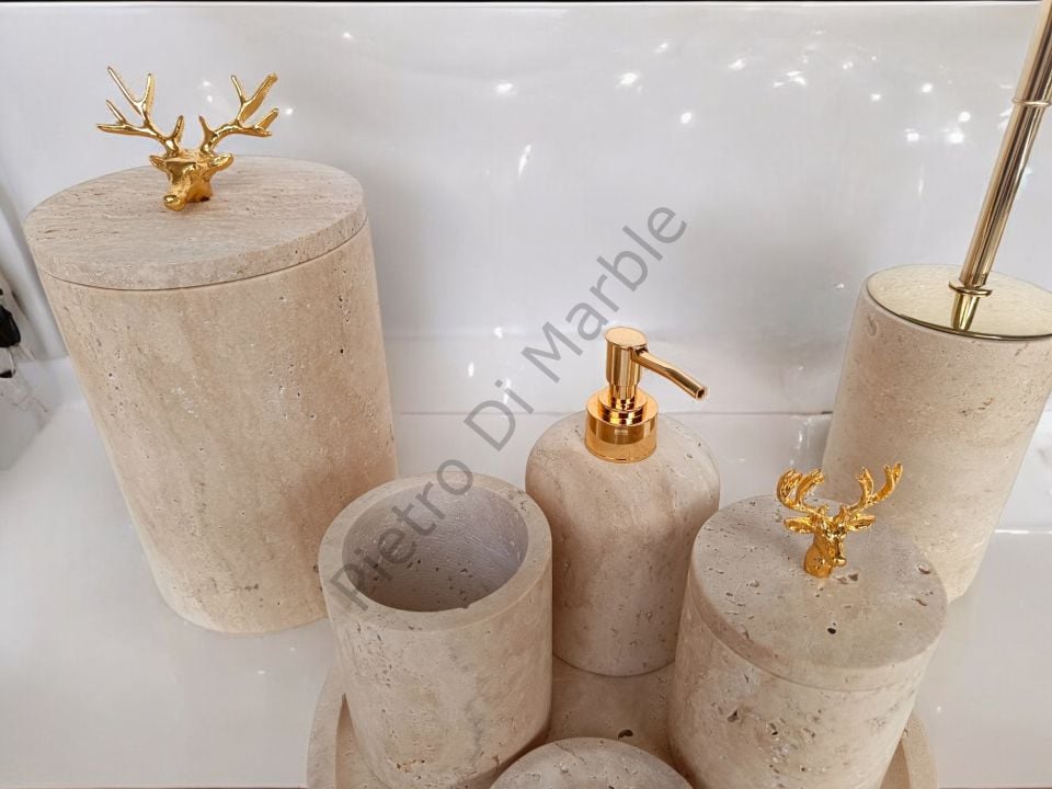 Sarı Traverten 7 parça Klasik Model Banyo Setimiz (GOLD RENK AKSESUAR)