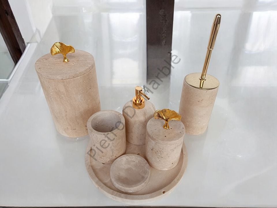 Sarı Traverten 7 parça Klasik Model Banyo Setimiz (GOLD RENK AKSESUAR)