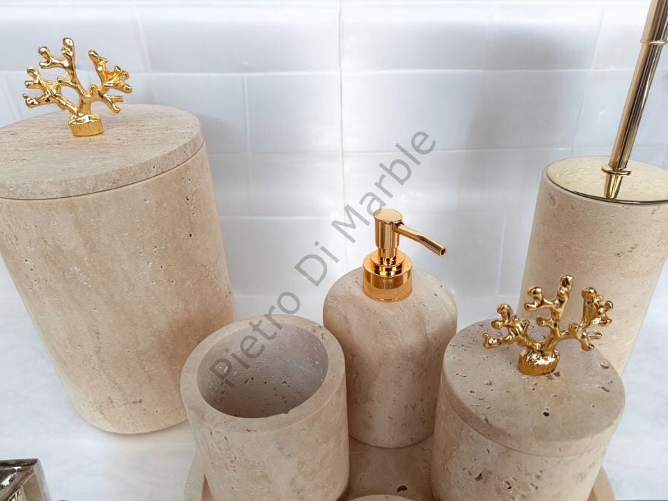 Sarı Traverten 7 parça Klasik Model Banyo Setimiz (GOLD RENK AKSESUAR)